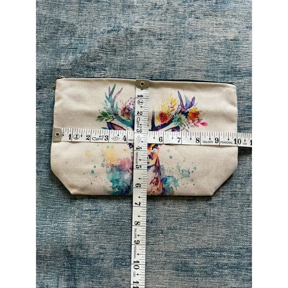 Colorful Watercolor Buck Cotton Canvas Small Makeup Bag Travel Toiletry Pouch